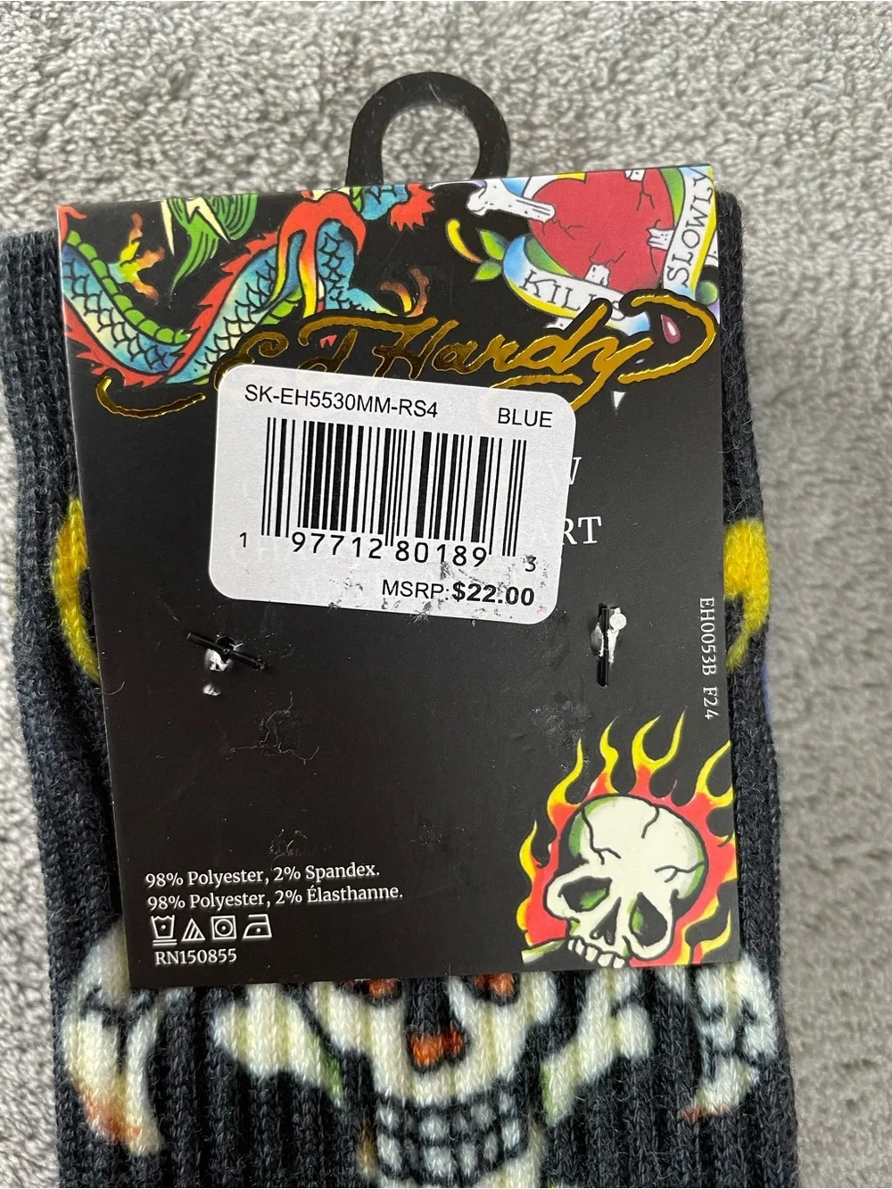 Ed Hardy Mens Cushioned Crew Socks 2 Pair 1 Blue, 1 Black New With Tags NWT